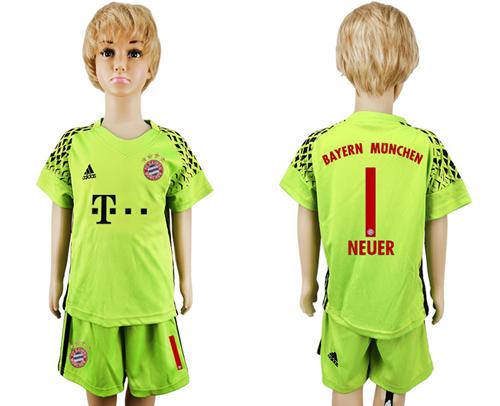Bayern Munchen #1 Neuer Shiny Green Goalkeeper Kid Soccer Club Jersey